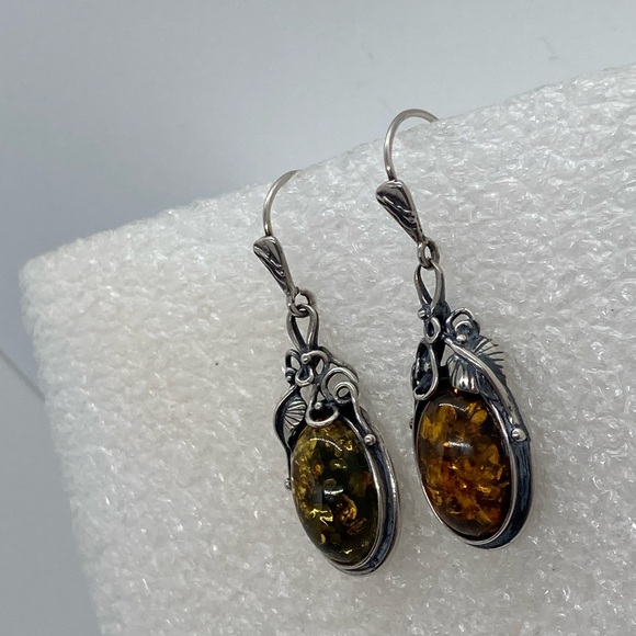 Vtg Sterling & Amber Floral Art Nouveau Revival Leaf & Vines Earrings 1.9” / 9g - Picture 4 of 12
